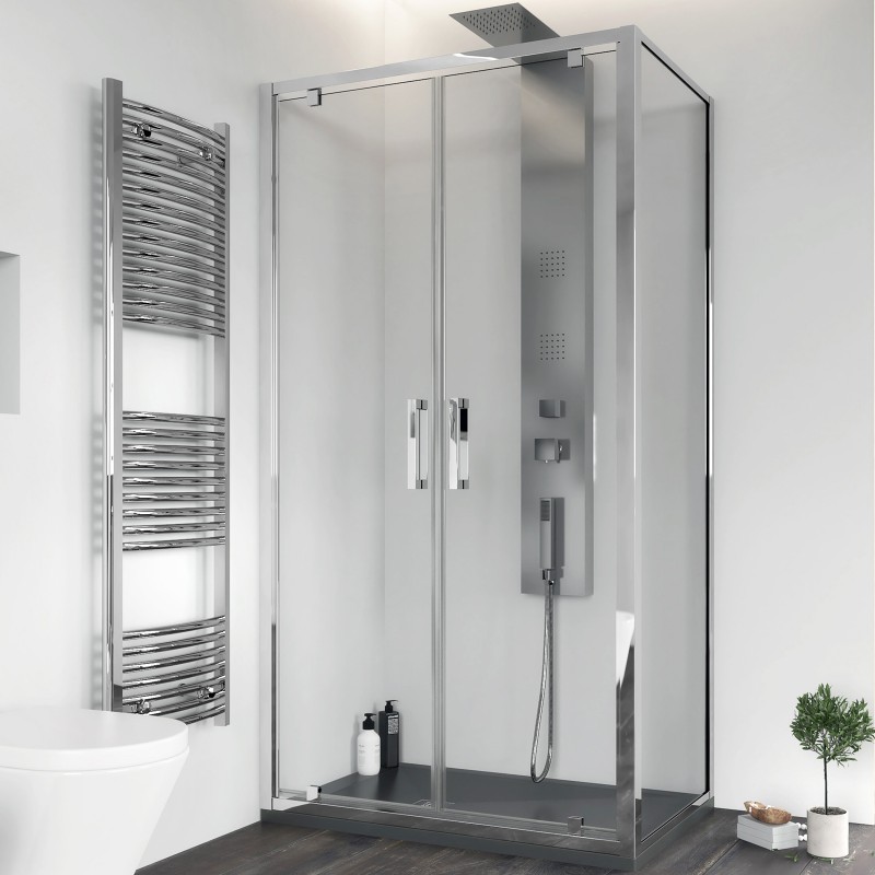 Box doccia anta fissa e porta a saloon, cristallo 6 mm trasparente